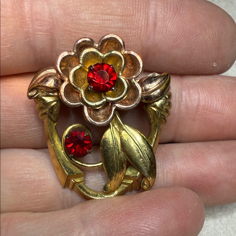 Gold Floral Brooch with Red Gem Accents 1/20 12K GF